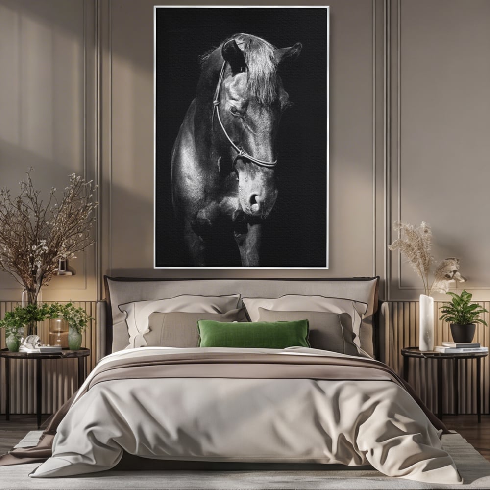 Tablou canvas cu tablou canvas cu un cal negru, in rama de aluminiu argintiu, pe perete intr-un dormitor
